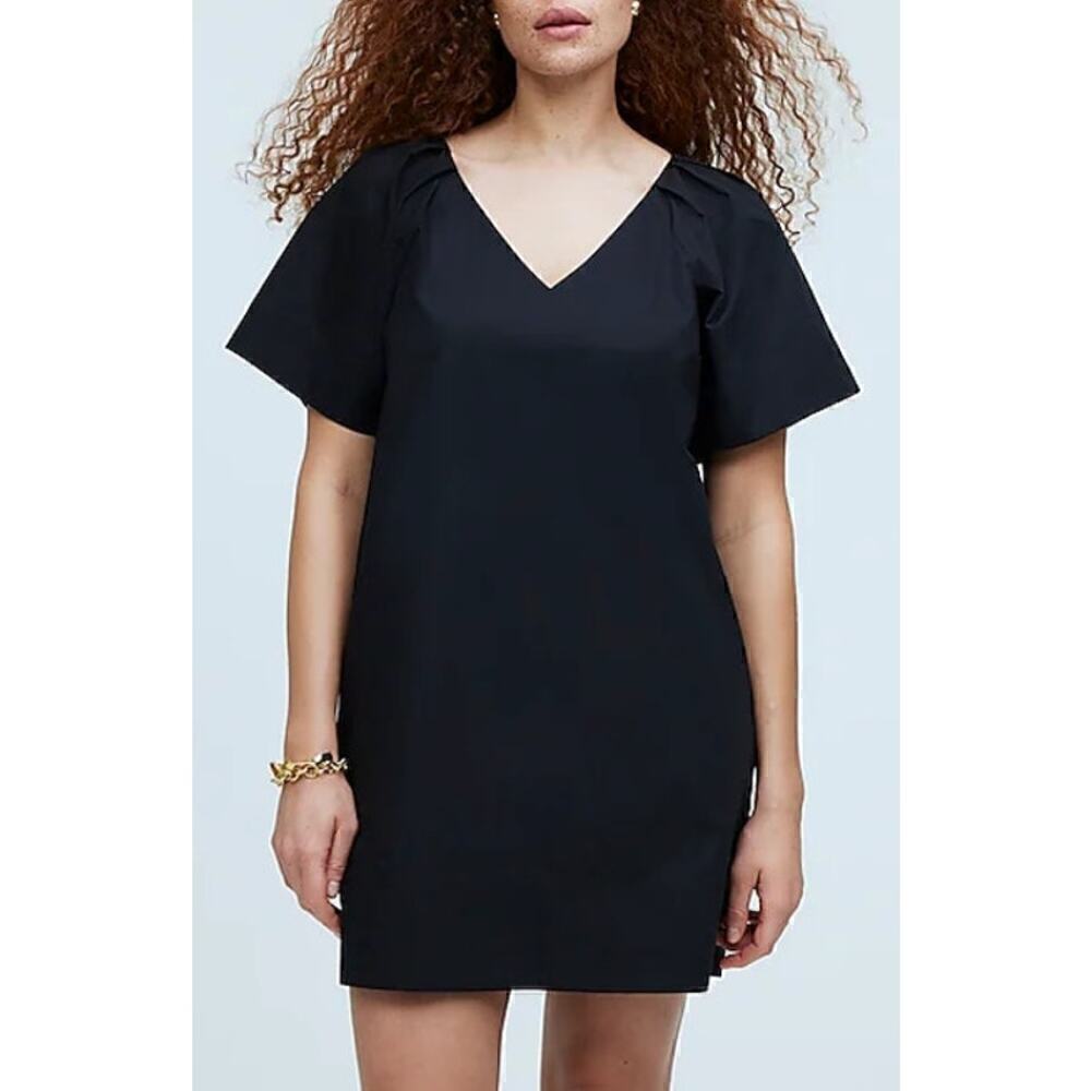 Madewell V Neck Dress Mini Shirtdress Short Puff SleeveTrue Black NWT Small